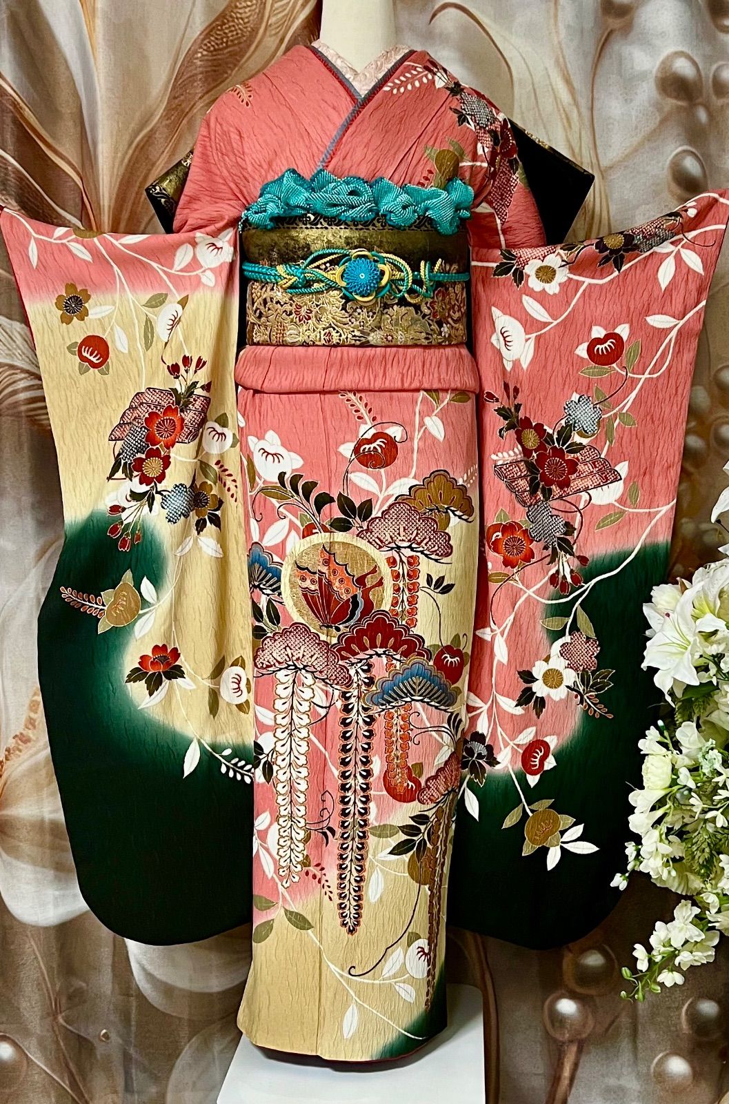高級正絹振袖 暈し染め 花 蝶 成人式 セット 美品 袋帯 小物一式 L寸 