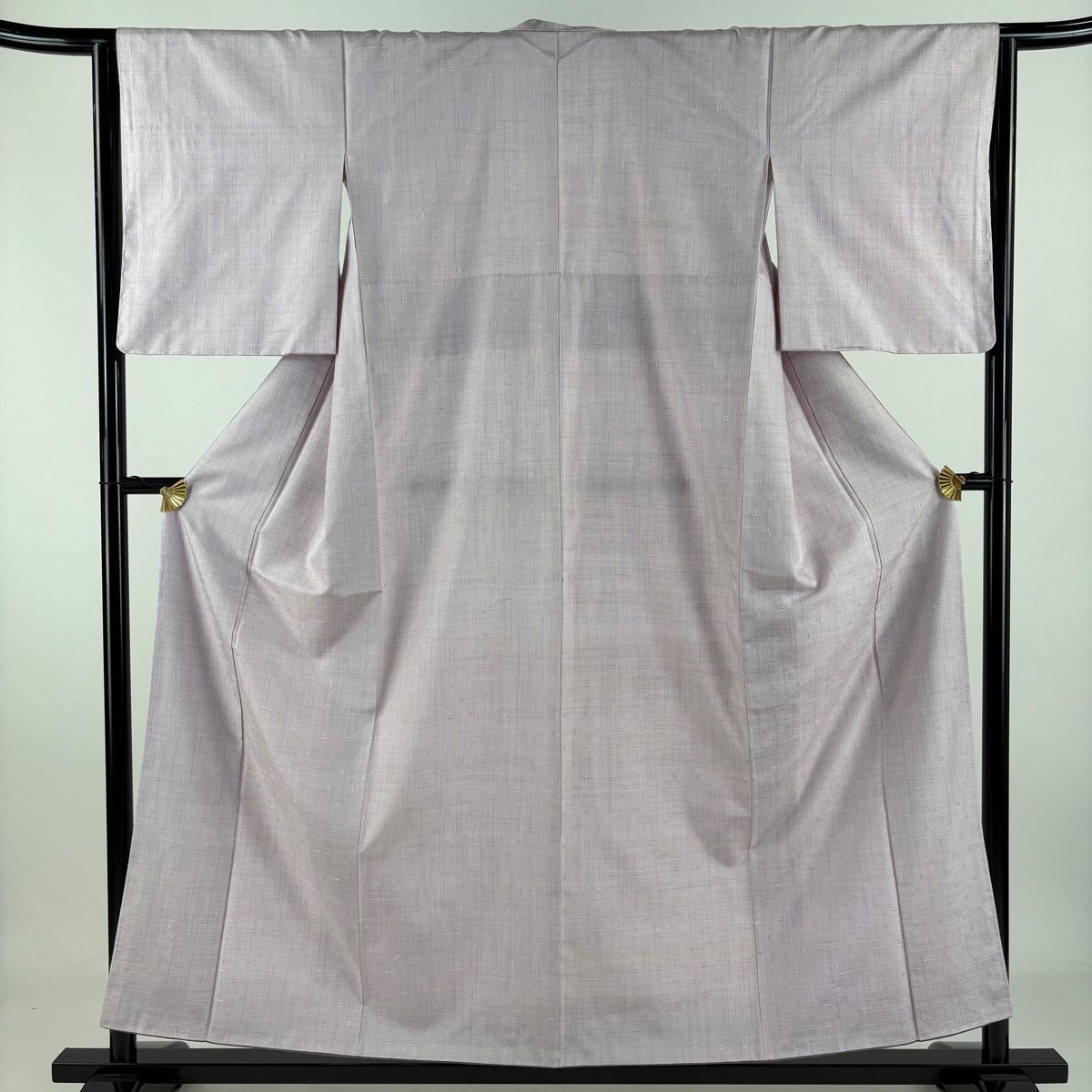紬 身丈156.5cm 裄丈63.5cm S 袷 紅白鳥 白根澤 縞模様 幾何学模様 花織 薄紫 正絹 名品