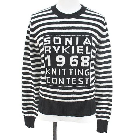 ソニアリキエル SONIA RYKIEL ボーダー 長袖 ニット セーター カシミヤ混 XS 黒系 ブラック ロゴ 文字 コロネット