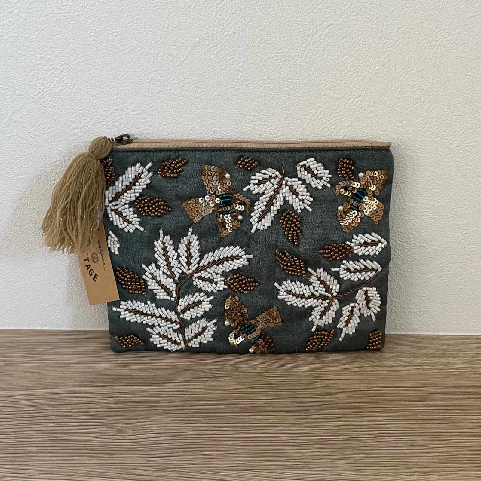 ザリ＆ビーズ刺繍フラットポーチ 東京かんかん COTTAGE 刺繍
