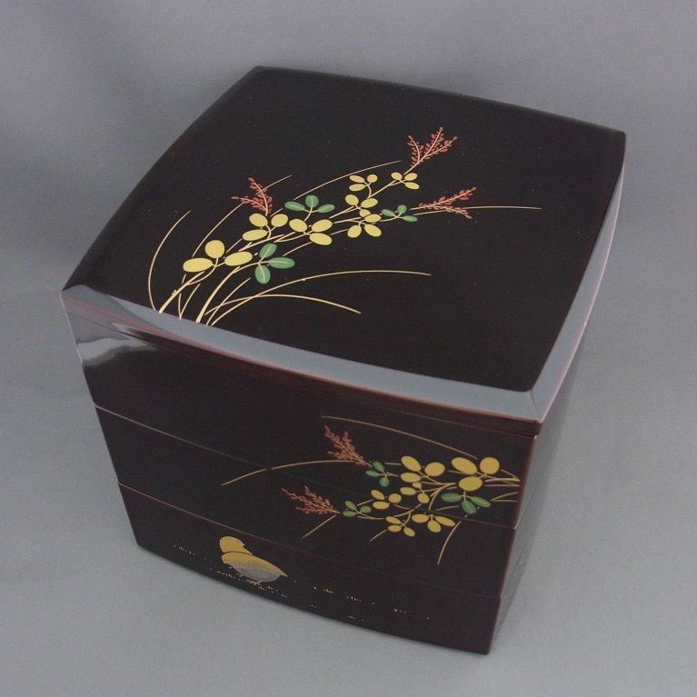 越前塗 6.5寸 銅張三段重 萩 溜内朱