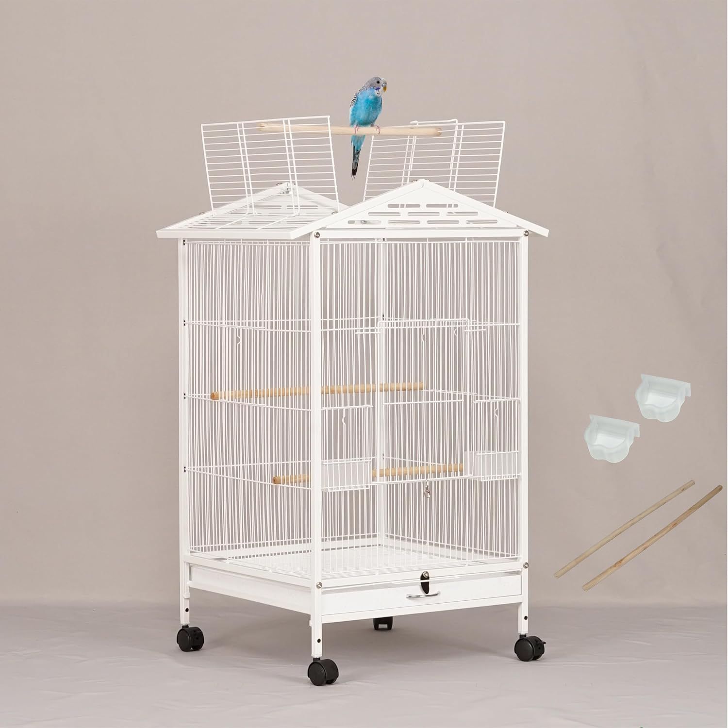 鳥かご 大型 鳥ケージ 金属製 鳥籠 耐衝撃 大型鳥かご 耐腐食 無毒ハンマートーン塗装 高強度 オカメインコ オネエインコ 鳥 文鳥 リス用 ケージ 多機能天窓デザイン 餌入れ付き 止まり木付き キャスター付き 46cm*46cm*86cm