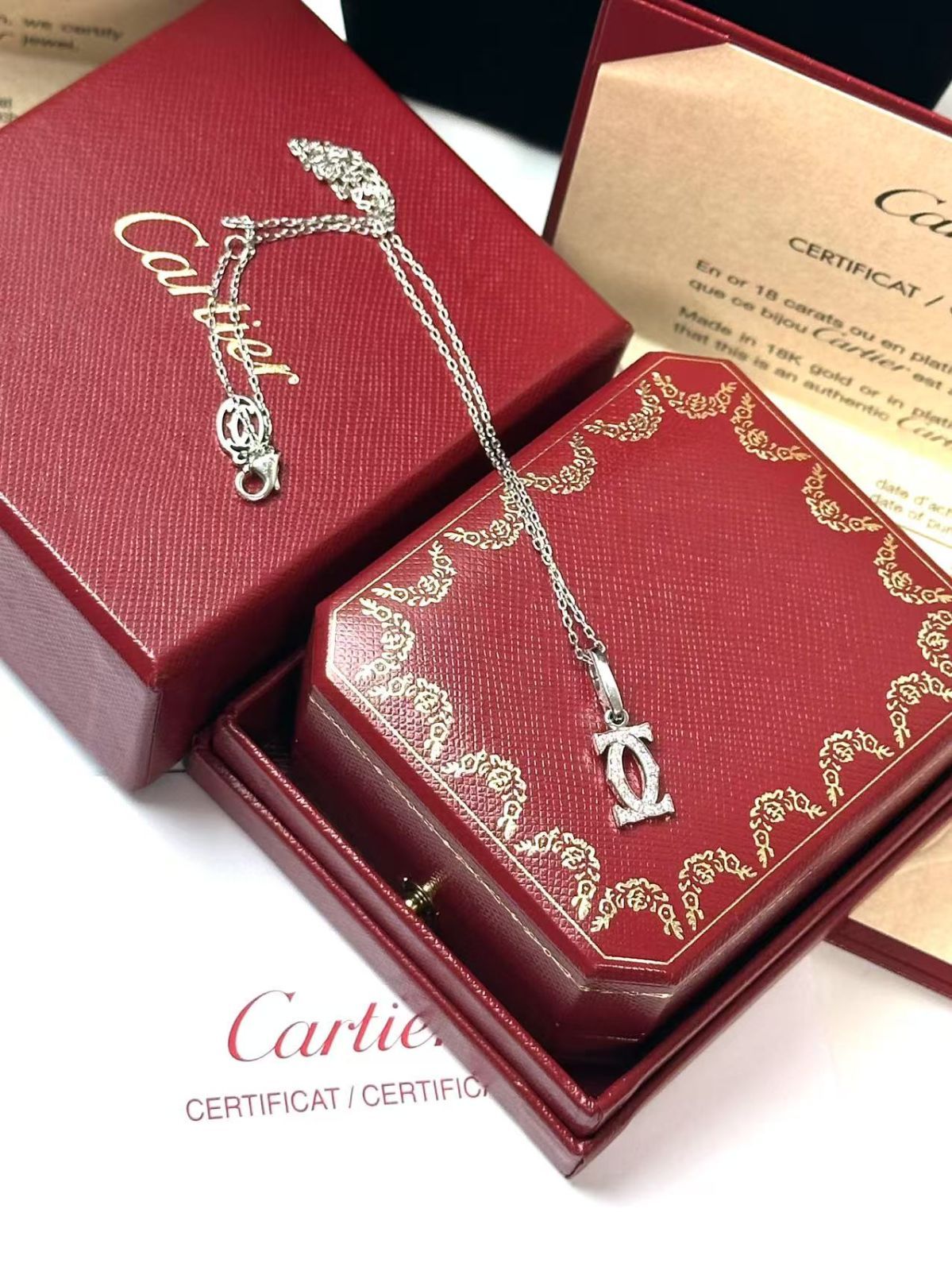 フルセット◆カルティエCartierダイヤ付き2CチァームネックレスK18WGホワイトゴールドダイヤモンドCCペンタントネックレスユニセックス男女