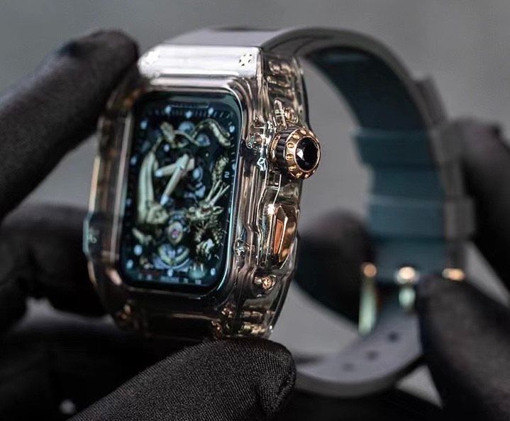 44mm用 スモークブラック-ローズ アップルウォッチバンド ラバーベルト カバー Apple Watch クリア ケース 4 5 6 7 8 9 se スポーツ メンズ レディース