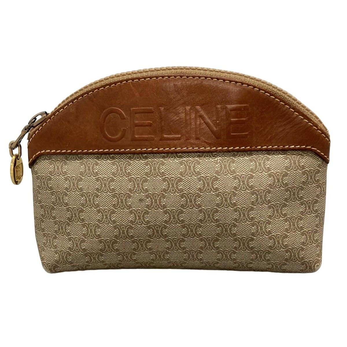 CELINE セリーヌ ポーチ マカダム柄 ベージュ×ブラウン レザー