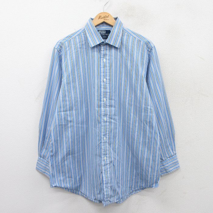 XL|古着 ラルフローレン 長袖 ブランド シャツ メンズ 90s CURHAM ロング丈 コットン 薄紺他 ネイビー ストライプ 25jun17 トップス