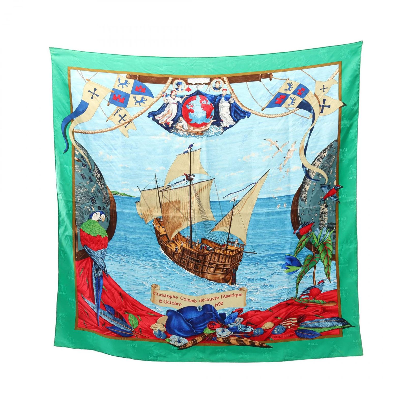 エルメス HERMES スカーフ カレ90 Christophe Colomb decouvre 1 Amerique 12 Octobre 1492 グリーン シルク カレ90 レディース Used B
