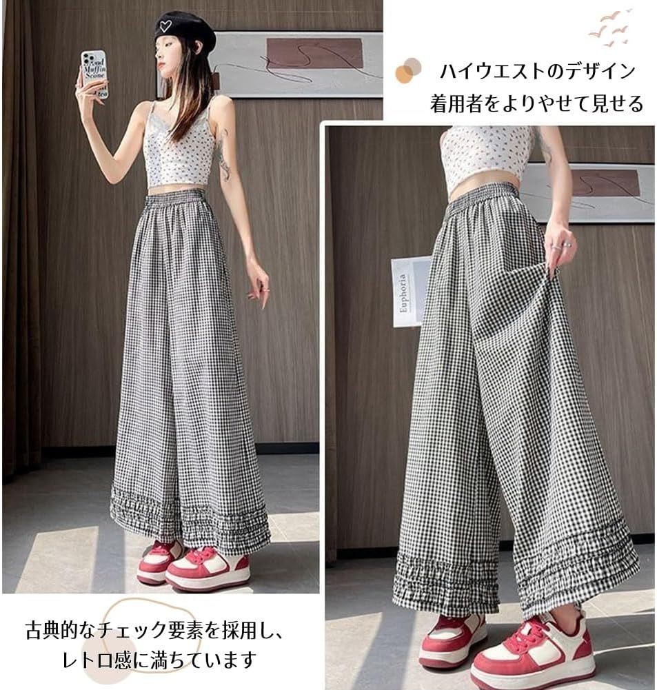 DABUWAWA上品 チェック ハイウエスト ロングワイドパンツ ハイウエスト ワイドパンツ レディース 大きいサイズ 秋