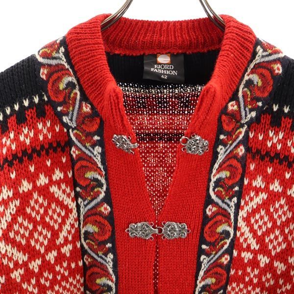 FJORD FASHION 80s ヴィンテージ ウール チロル 長袖 メタルフック ニット カーディガン 42 レッド系 レディース 古着 中古 FJORD FASHION 80s ヴィンテージ ウール メタルフック 長袖