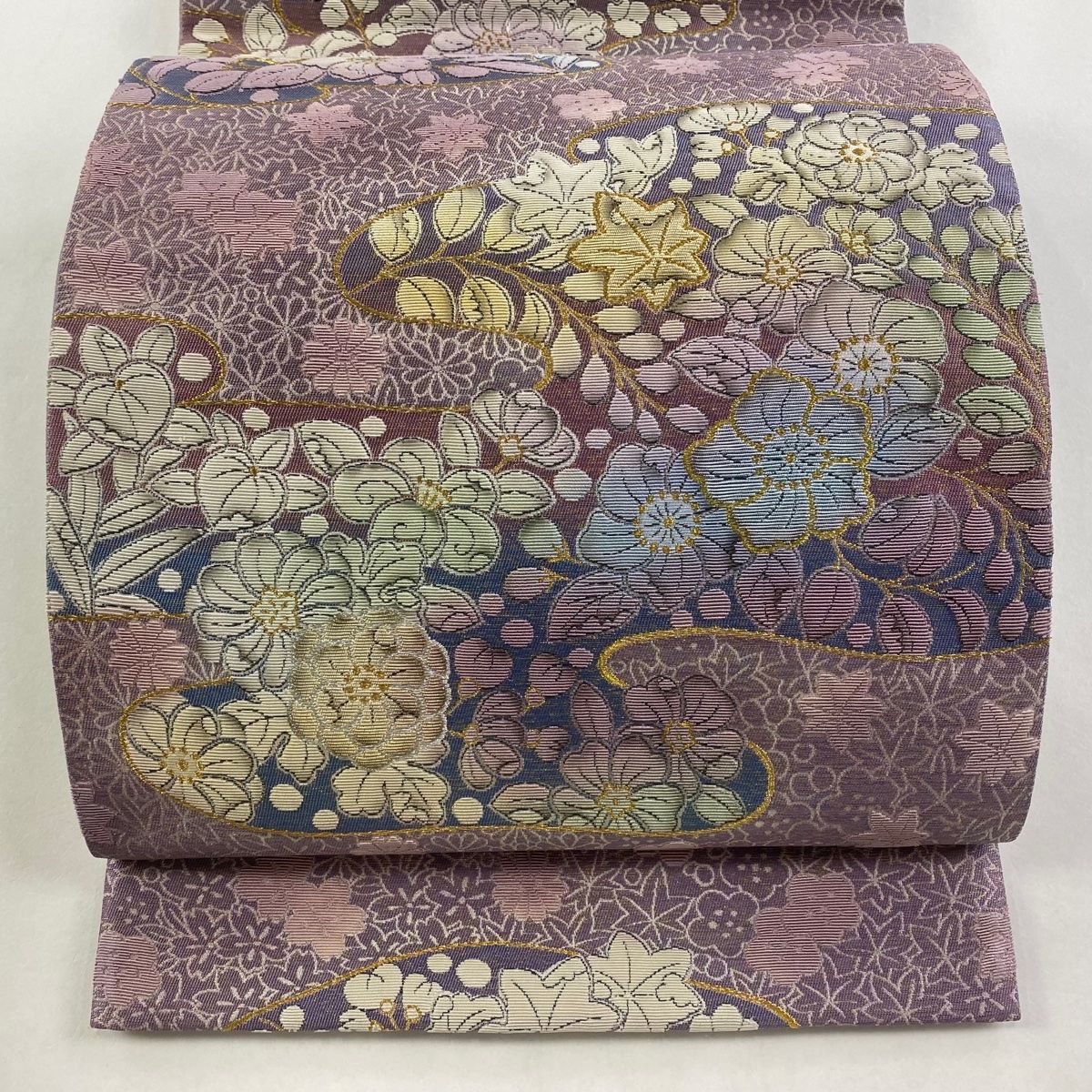 袋帯 やまと 草花 霞 金銀糸 紫 六通 正絹
