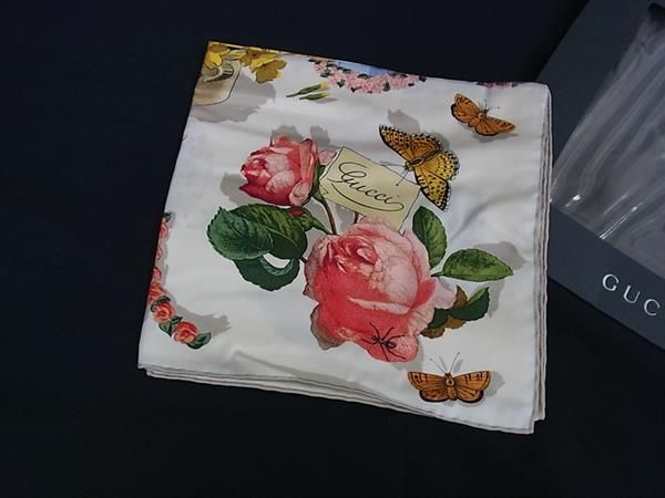 GUCCI グッチ シルク フラワー 花柄 昆虫 大判 スカーフ ストール ショール レディース ベージュ系 BJ4062