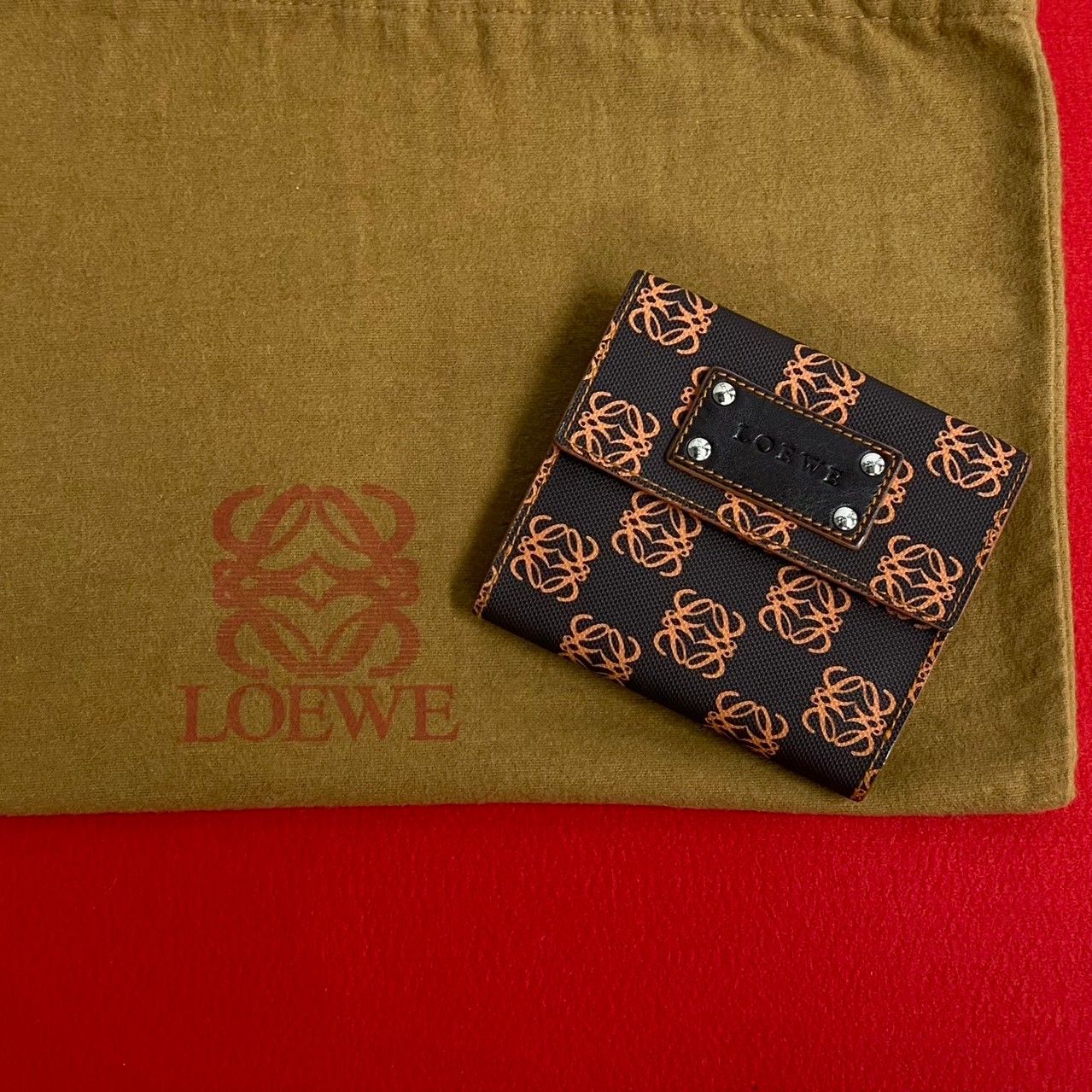 極 美品 LOEWE ロエベ アナグラム ロゴ 総柄 レザー 本革 二