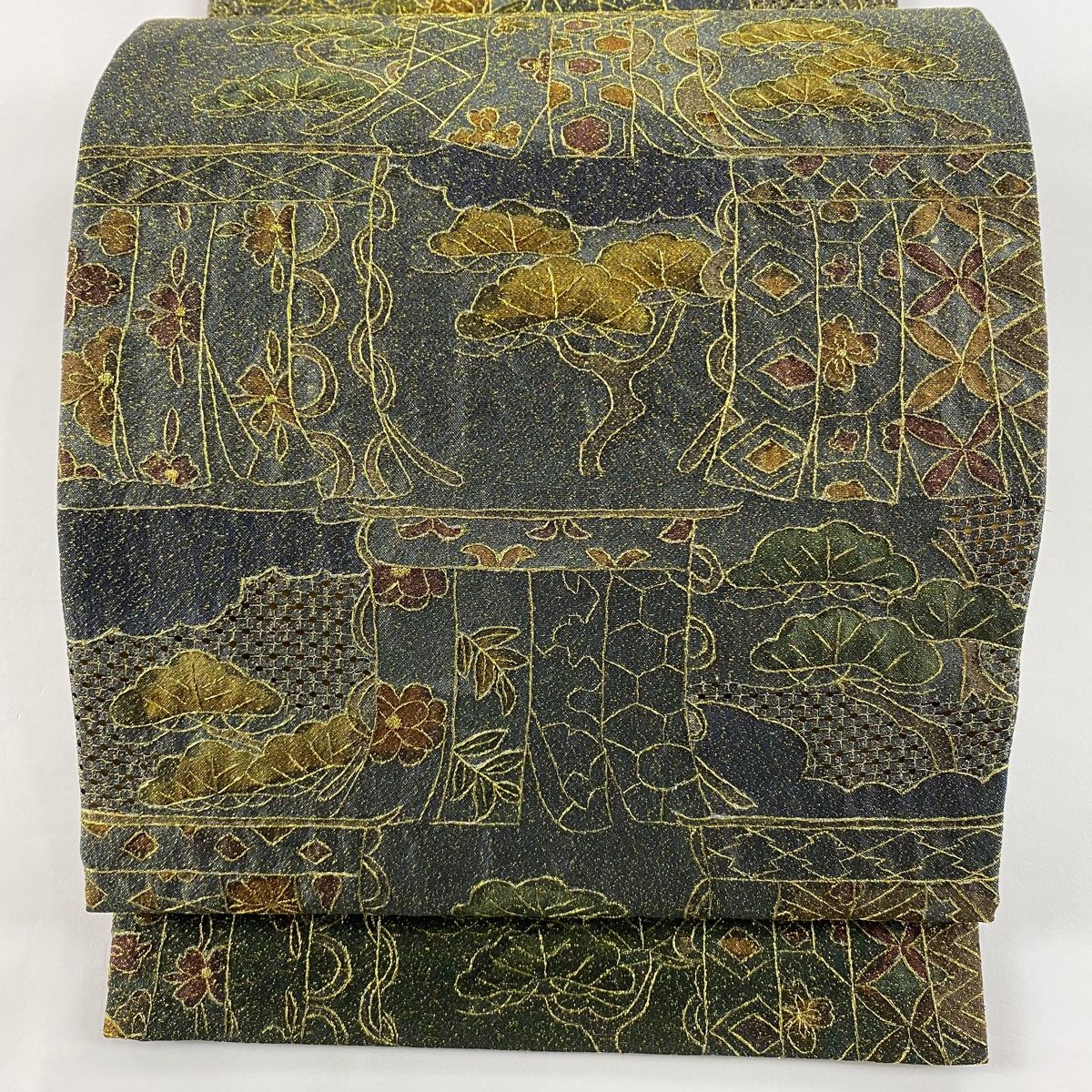 袋帯 几帳 松竹梅 刺繍 金糸 深緑 全通 正絹