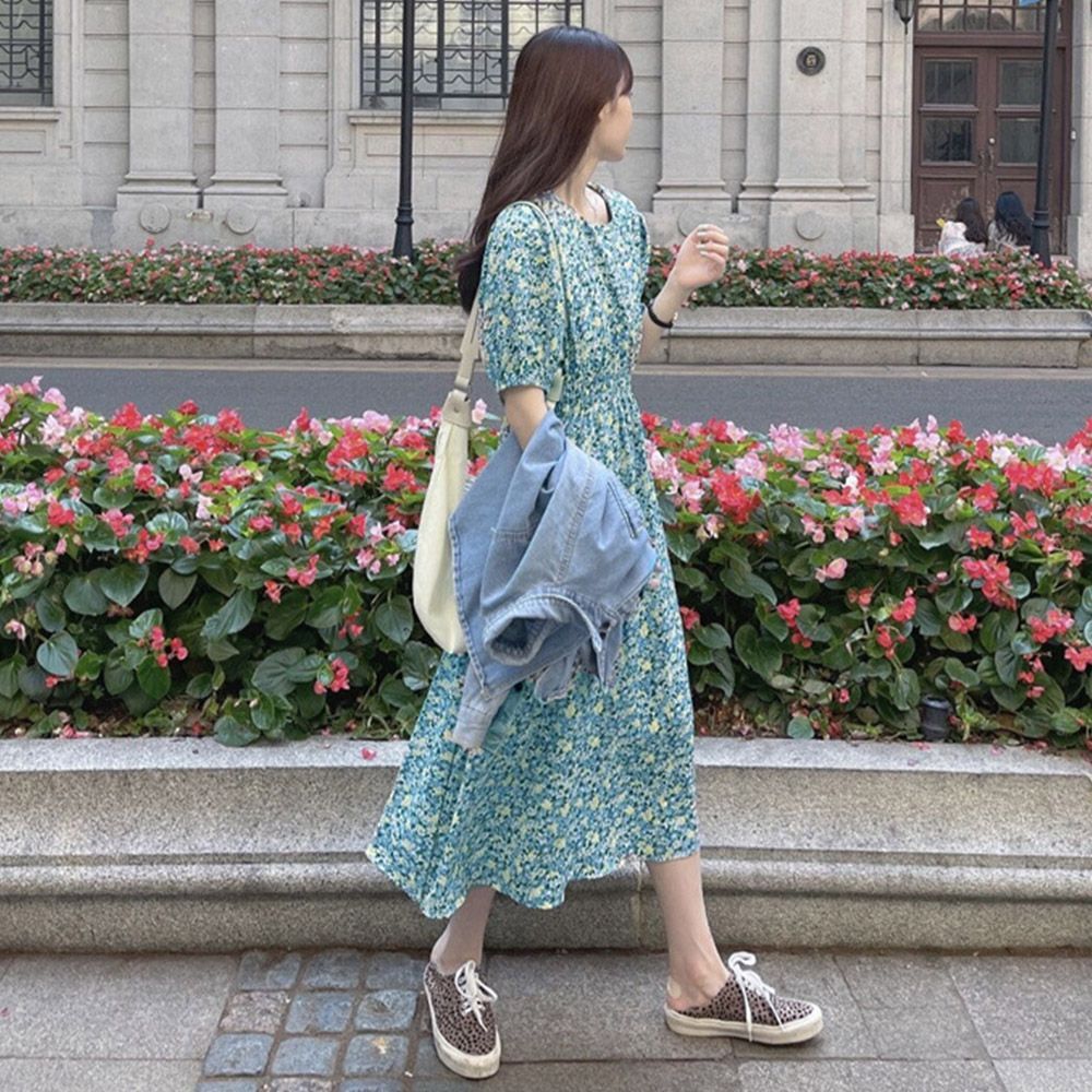 ロング花柄ワンピース✿パフスリーブ可愛い春夏のお出かけデートに最適 ロング花柄ワンピース✿パフスリーブ可愛い春夏のお出かけデート