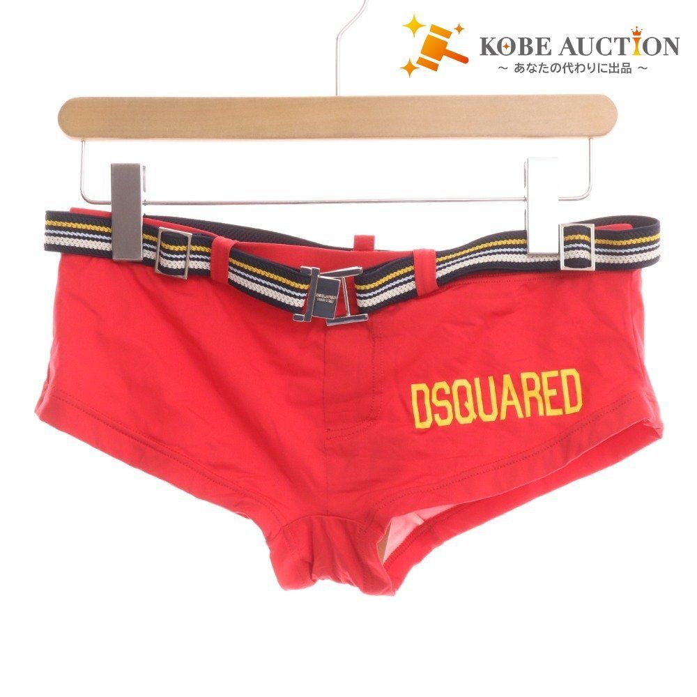 ■ ディースクエアード スイムウェア 水着 ロゴ プリント メンズ L レッド ベルト付き タグ付き 未使用