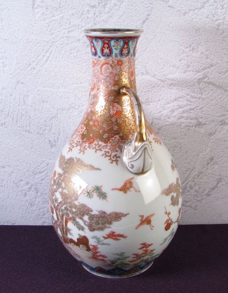 古伊万里 献上手 染錦・金襴手 象耳花入 高さ：28cm 桐箱付 江戸