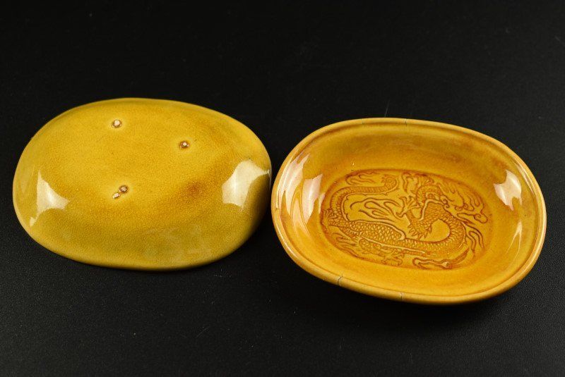 蔵A3174】珉平焼 淡路/民平 黄交趾 龍文 小判型皿 七客 - メルカリ
