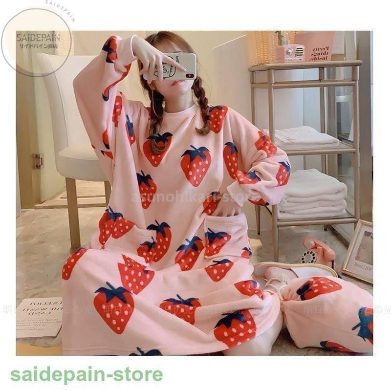 パジャマ レディース ルームウェア 冬 フランネル セットアップ 長袖 上下セット モコモコ 暖かい ナイトロープ 厚手 韓国風 寝巻き 部屋着 イチゴ柄 SHREEKRISHNAENTERPRISE_COM