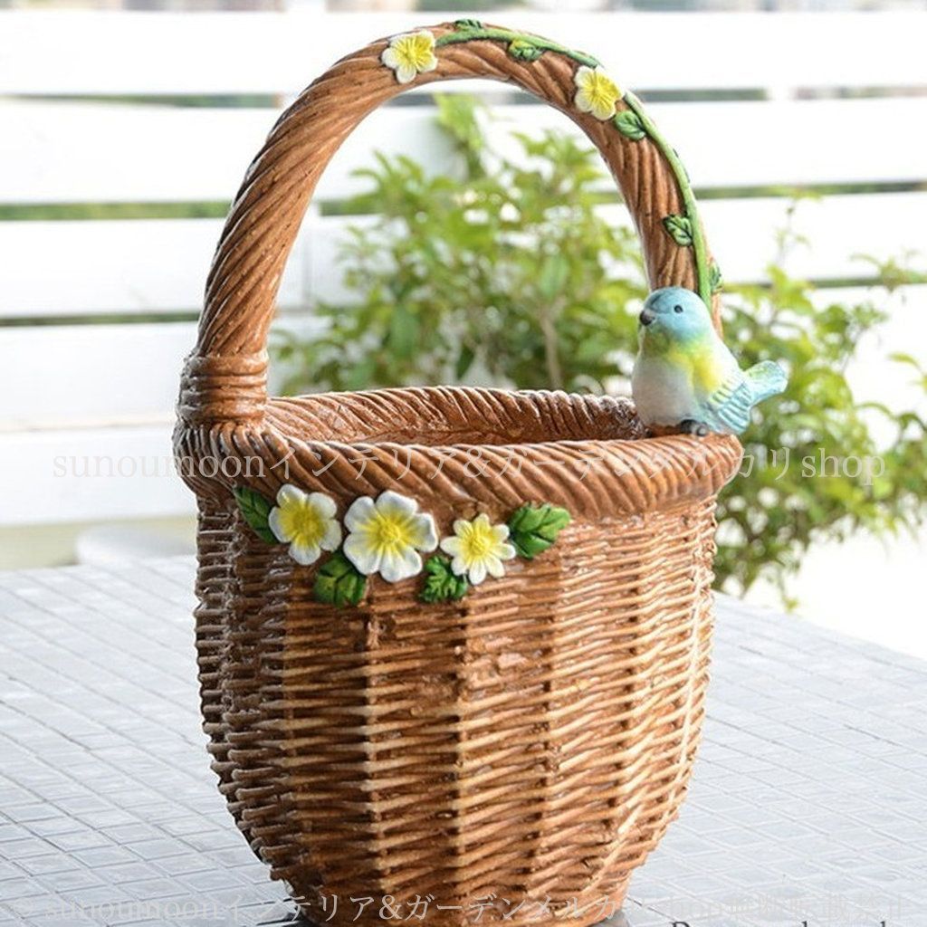 雑貨 プランター インテリア おしゃれ バード 酸化マグネシウム お洒落 庭の装飾 花 ガーデン雑貨 ガーデンインテリア 鳥 バスケット調 小鳥 花 8-14 ガーデニング ブラウン フラワーバスケット 植木鉢 ガーデン