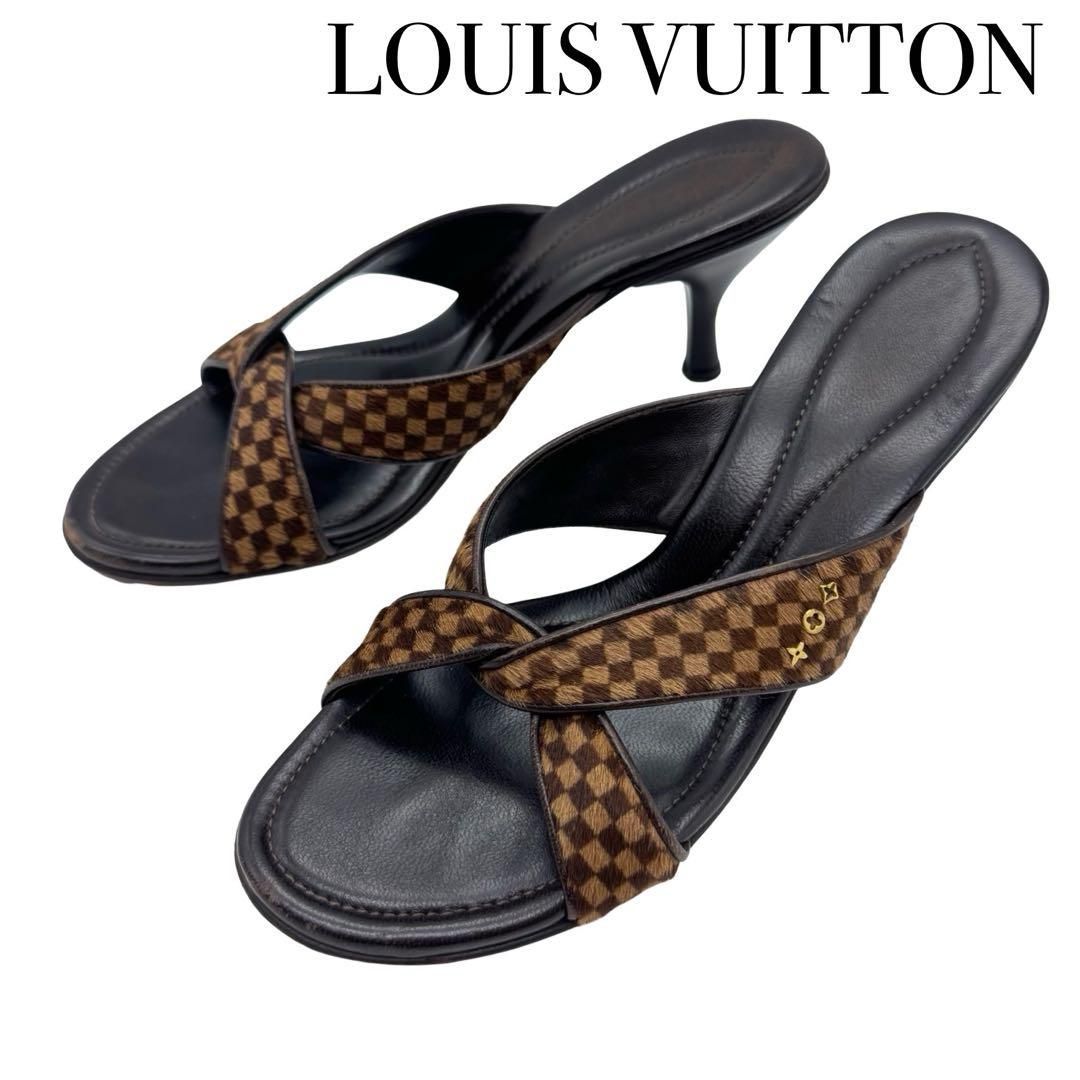 LOUIS VUITTON ルイヴィトン ダミエ ソバージュ ハラコ ヒールサンダル ブラック×ブラウン 表記35.5 約23cm レディース