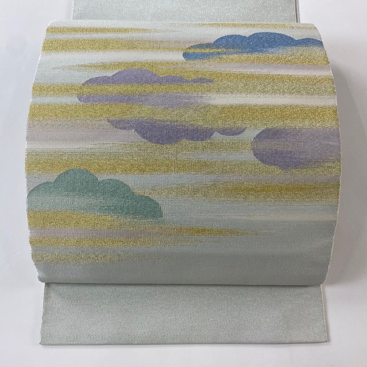 名古屋帯 秀品 川島織物 落款 雲文 霞 金銀糸 青灰色 正絹