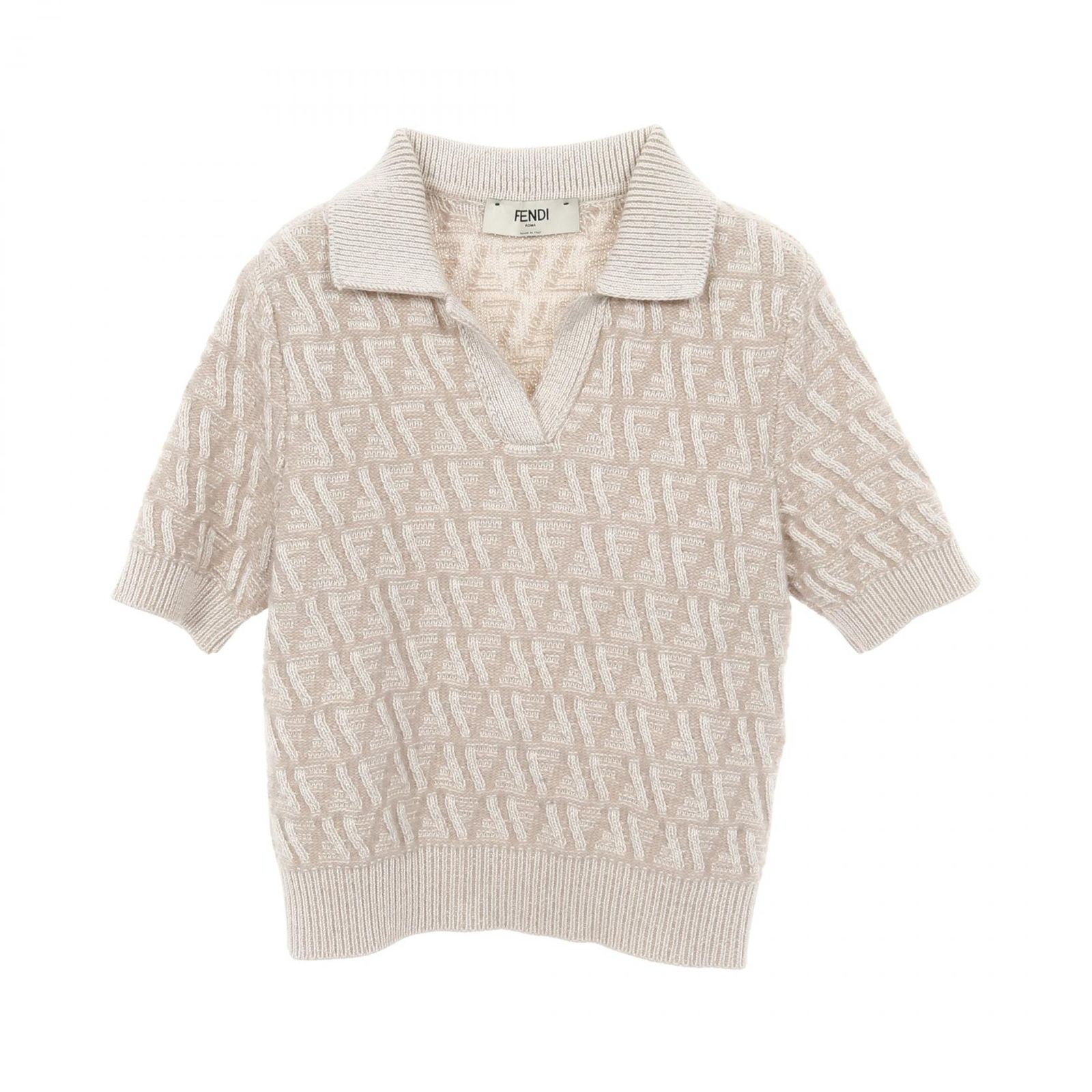 フェンディ FENDI ポロシャツ FF柄 ベージュ シルク ウール ニット レディース Used B