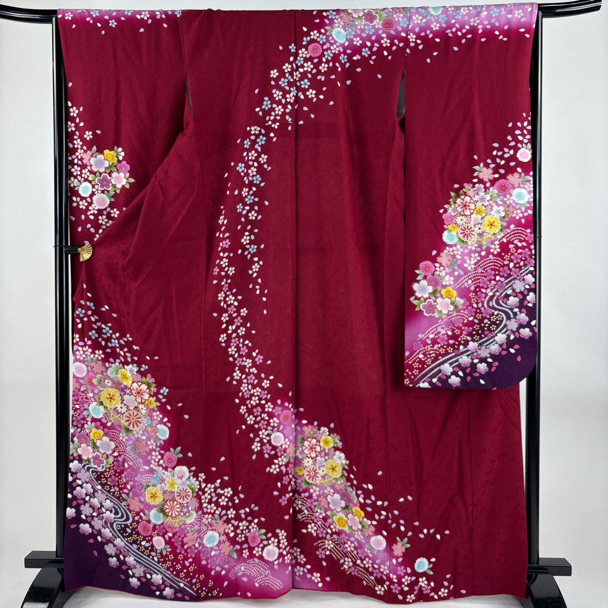 振袖 身丈165cm 裄丈67cm M 袷 花籠 流水 金糸 ぼかし えんじ色 正絹 名品