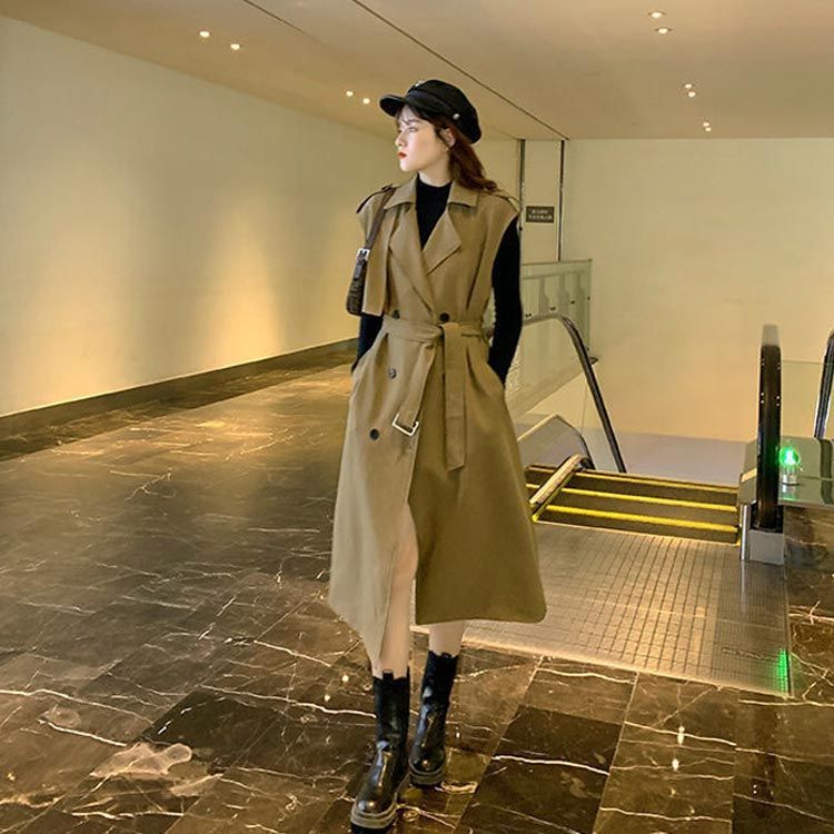 ロングベスト ノースリーブ ジレ ジレンチ 襟付き トレンチ