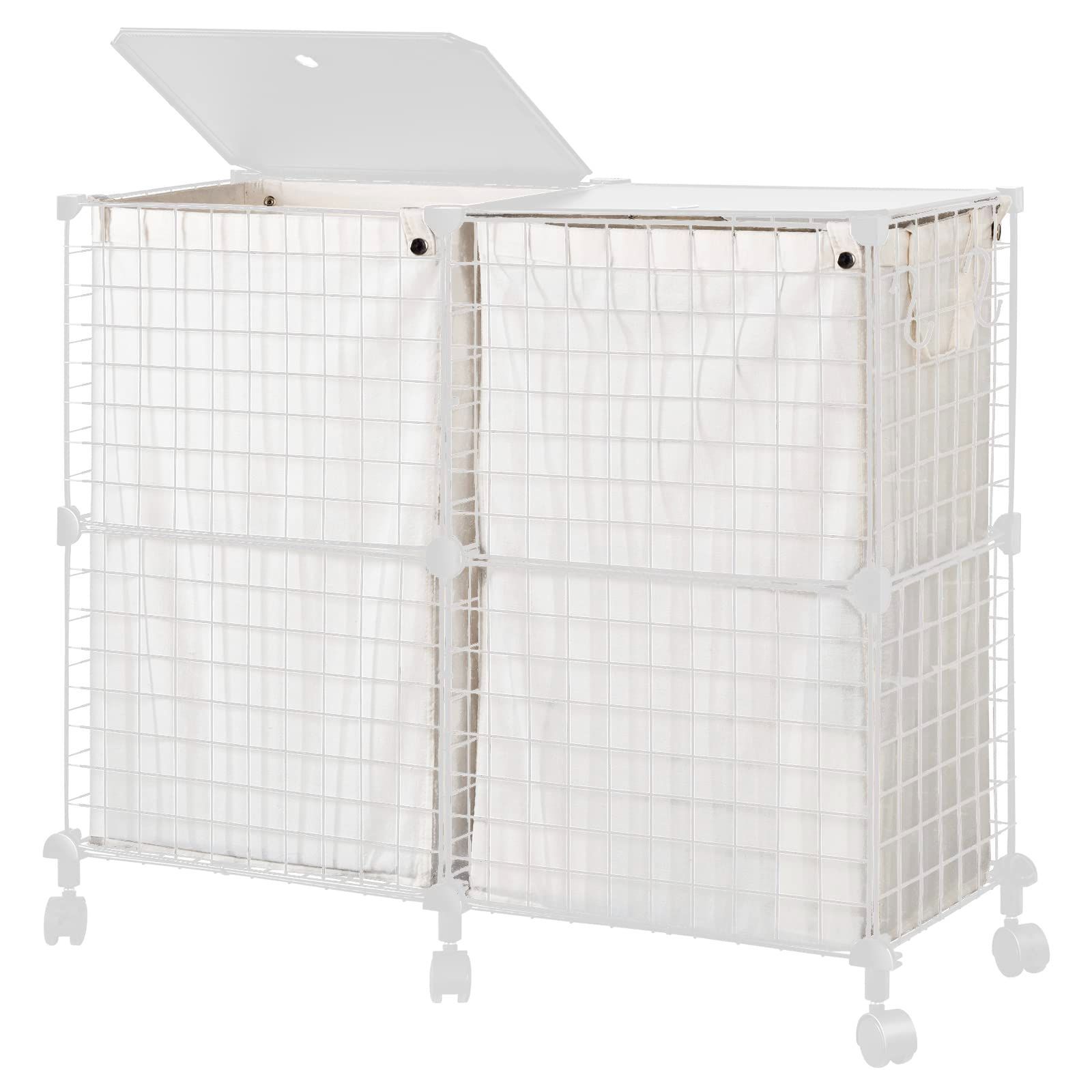 Size ダブル ホワイト UZENN 144L メタル ランドリーバスケット 蓋付き 洗濯カゴ 仕分け 大容量 キャスター付き ランドリー ボックス ワイヤーネット 洗濯物入れ 角型 持ち手付き 収納バッグ おしゃれ ダブル ホワイト