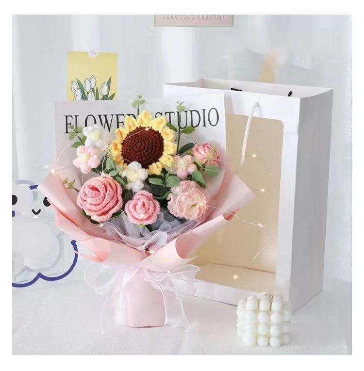 3点セット 花束 誕生日 かぎ針編み 編み花 LEDライト付き 3点セット 花束 誕生日 かぎ針編み 編み花 LEDライト付き