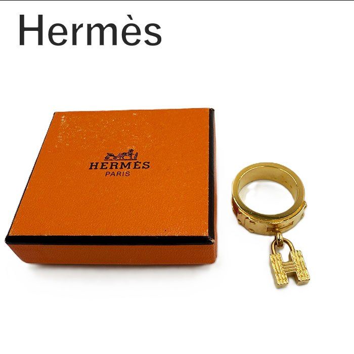 エルメス HERMES スカーフリング ケリー カデナチャーム レザー×ゴールド金具 オレンジ