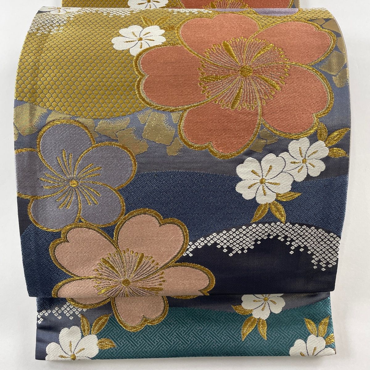 ［六通］袋帯　中古美品　藍染 O-330 じゅらく 六通柄袋帯 落款有 説明書付 黄皇絲 グレー 仕立て