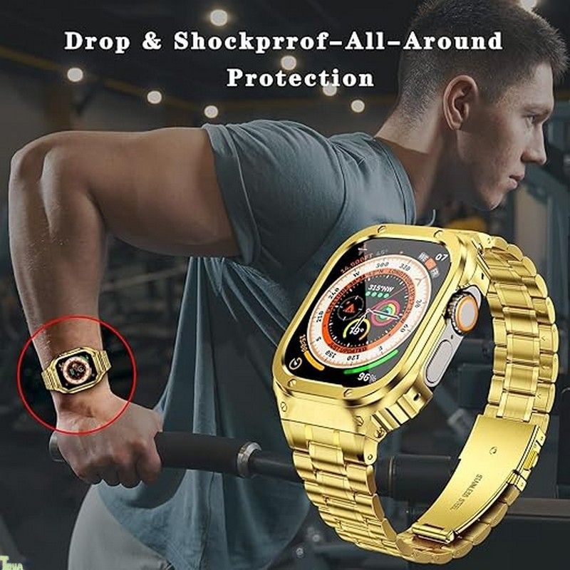 MioHHR ステンレススティール製バンド ケース互換性 Apple Watch Bands 49mm 金属製保護バンパーカバー付き頑丈なストラップ iWatch Ultra 3 2 1 男性用 ゴールド a CHRISTIANNAURATH_COM_BR