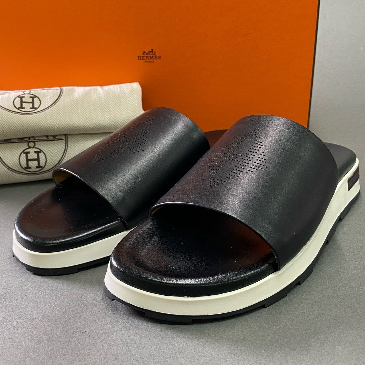 6f6 HERMES エルメス 廃盤 リフレックス Hロゴ サンダル 42 ブラック レザー シューズ き