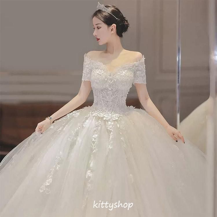 ウェディングドレス Aライン 白 チュール ボートネック 二次会ドレス お呼ばれドレス 花嫁ドレス 結婚式ドレス 袖あり トレーンドレス ホワ