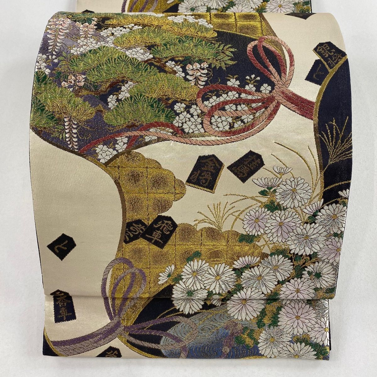 袋帯 名品 笠松 将棋 箔 銀糸 ベージュ 六通 正絹