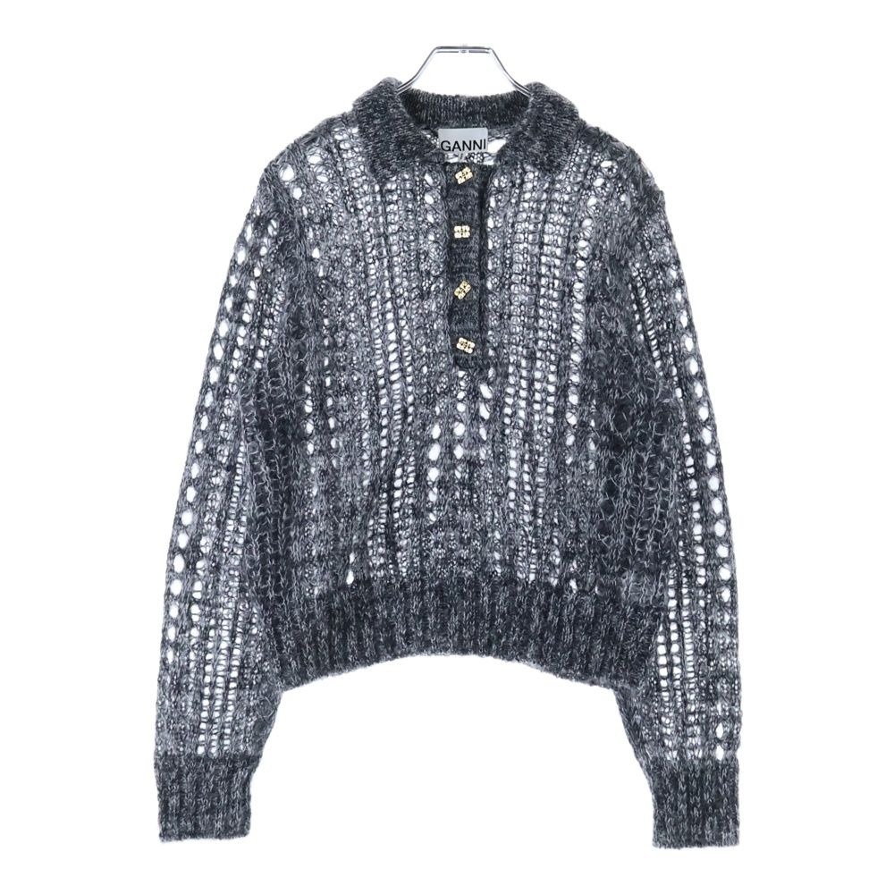 GANNI ガニー Mohair Lace Polo 2640 モヘヤ ローゲージニット長袖ポロシャツ グレー レディース
