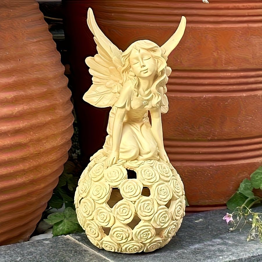 ソーラーライト ガーデンライト ガーデンオーナメント バラの球体に乗っている妖精 フェアリー 彫刻風 庭オブジェ 癒しグッズ ガーデニング お庭 玄関ライト 園芸装飾 インテリア オシャレ 防水 ギフト プレゼント 贈り物 樹脂 NEXPOTALLINN_EU