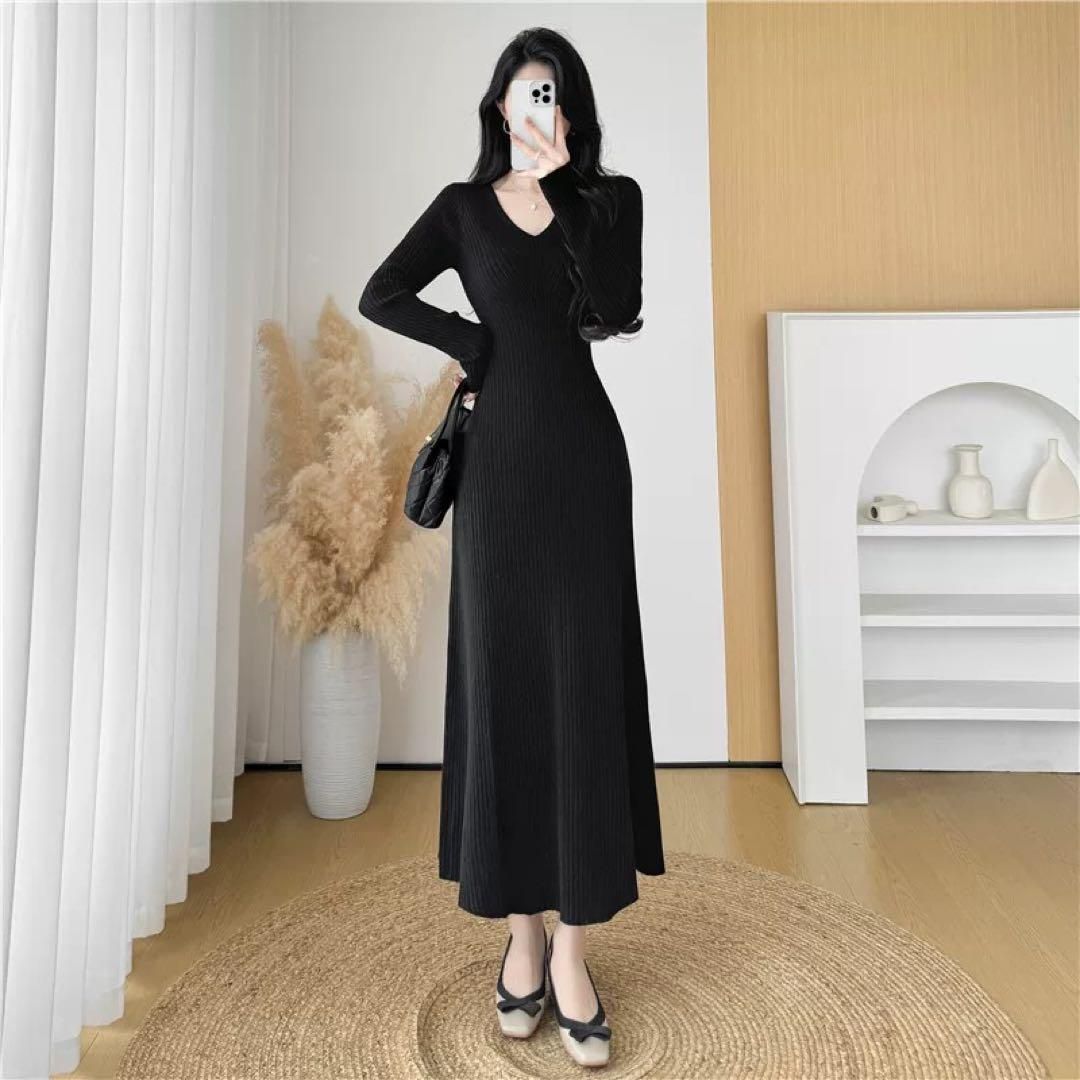 Vネックニットワンピース春のスリムフィットフィッシュテール