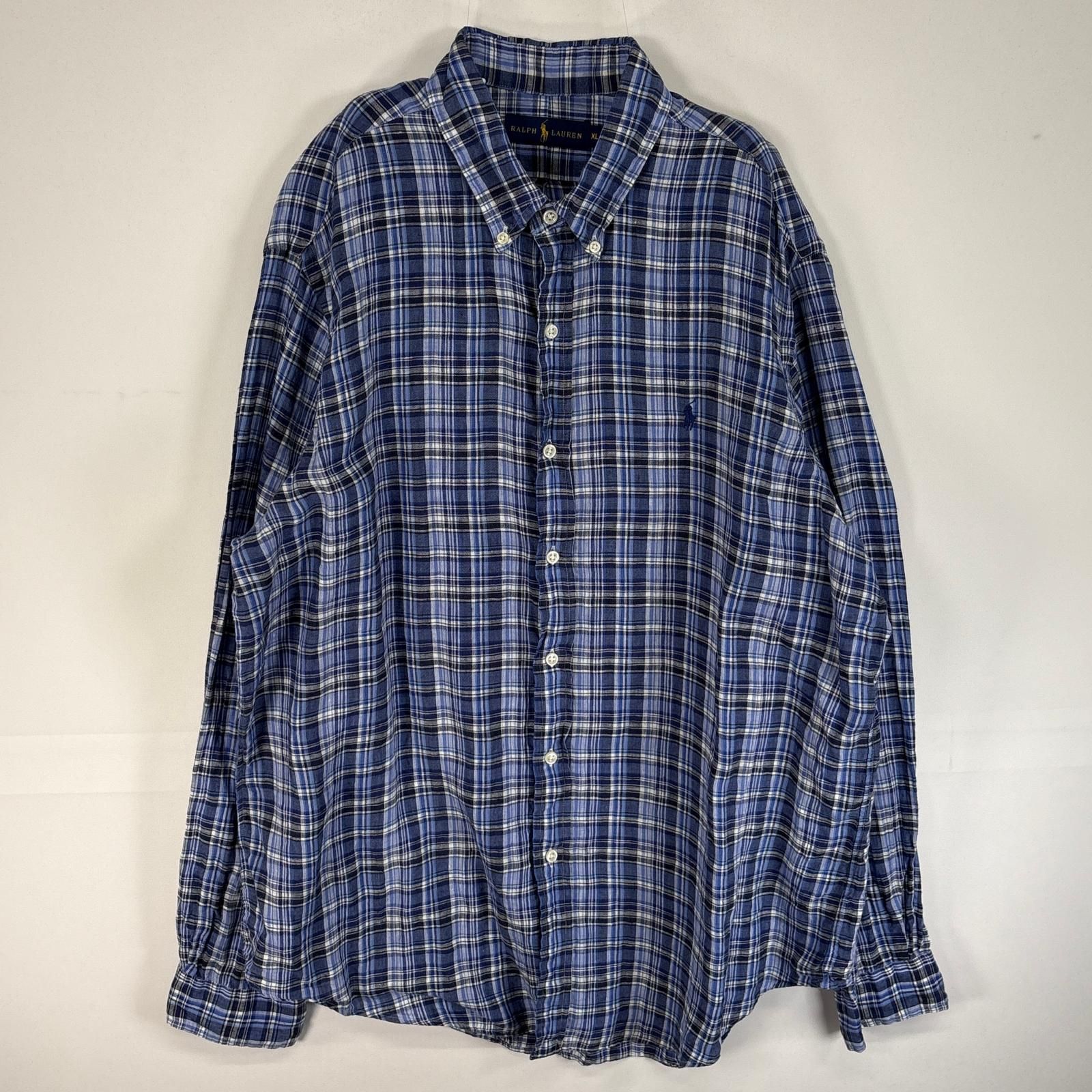 古着 ラルフローレン RALPH LAUREN 長袖シャツ ロゴ 刺繍 大きいサイズ チェック リネン XL ネイビー系 マルチカラー メンズ