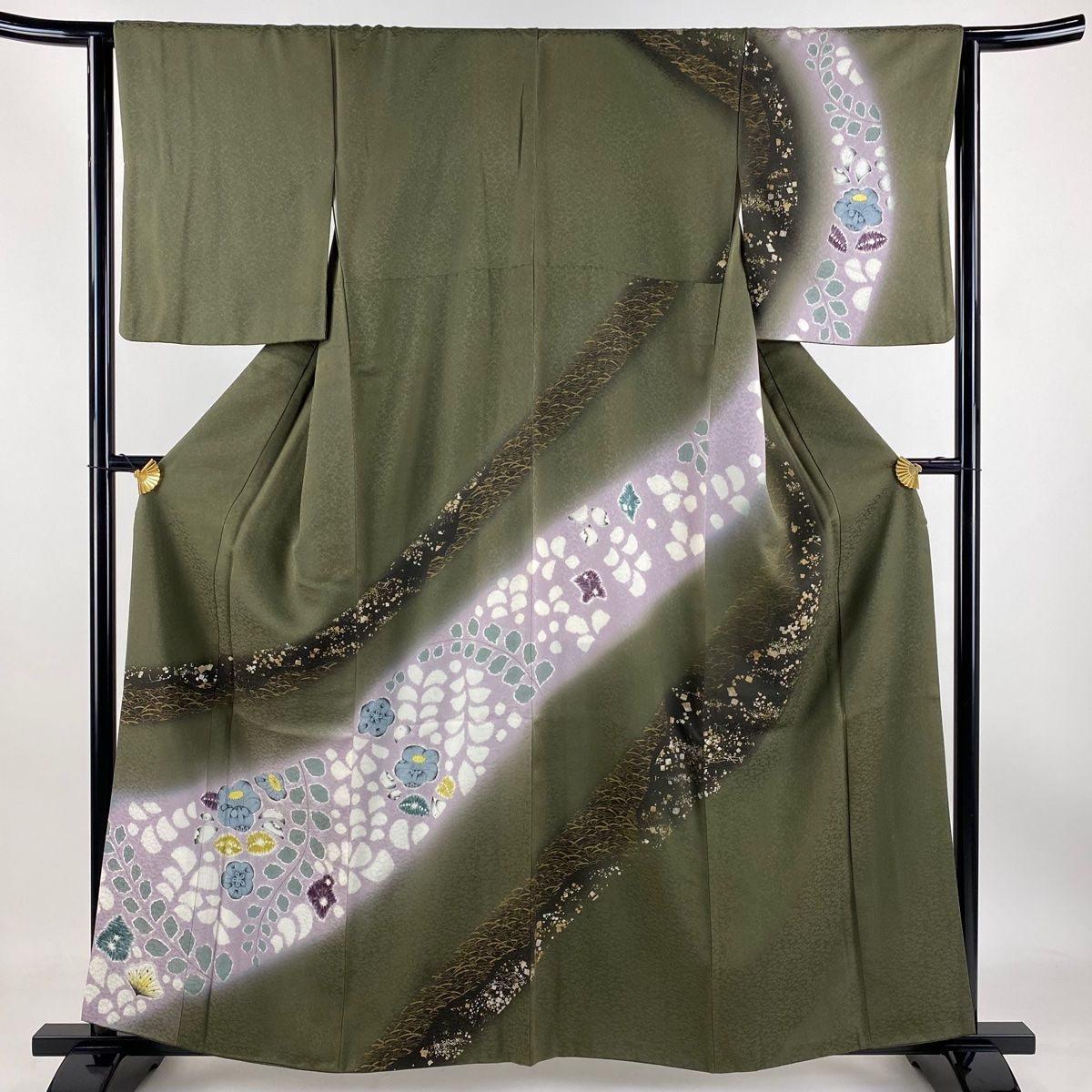 訪問着 身丈159cm 裄丈64cm M 袷 伊と幸 辻が花柄 芝 金銀彩 茶緑色 正絹 名品