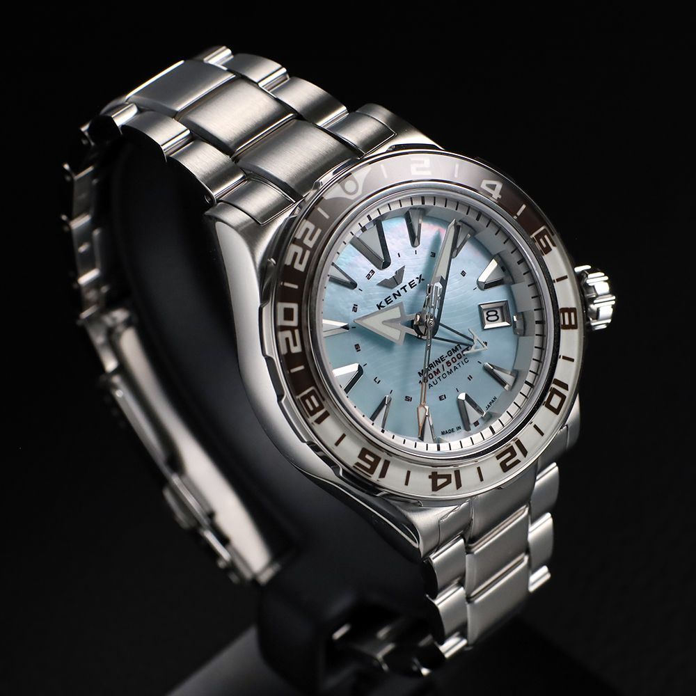 【新品・高品質】GMT 自動巻き アイスブルー×ホワイトベゼル　メンズ　腕時計 先着でケンテックス・セルベットをプレゼント】 ケンテックス
