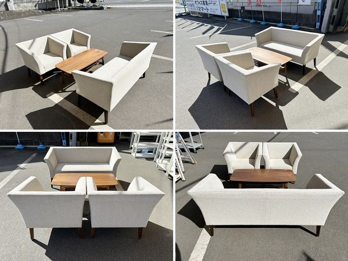 一部地域 応接４点セット 布張り ライトベージュ 薄っすらシミあり 毛羽立ちあり F-OA-785-0926A