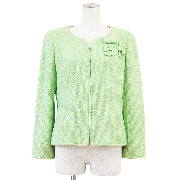 CHANEL シャネル ジャケット 04C P22527 ツイード ジップアップ ノー No.5 ハート クローバー COCOマーク チャーム カメリアライニング ウール混 アウター レディース サイズ 38 ライトグリーン フランス製