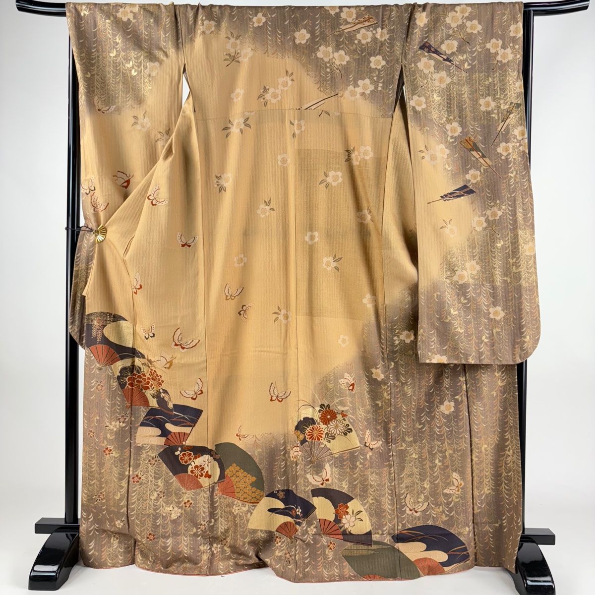 振袖 身丈170cm 裄丈68cm L 袷 扇 枝垂れ桜 金彩 薄茶色 正絹 秀品