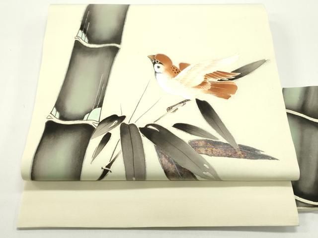 平和屋着物●塩瀬　九寸名古屋帯　手描き　雀　笹竹文　鳥の子色　金彩　正絹　逸品　DAAV9164ob 平和屋着物○塩瀬 九寸名古屋帯 手描き 雀 笹竹文 鳥の子色 金彩 正絹