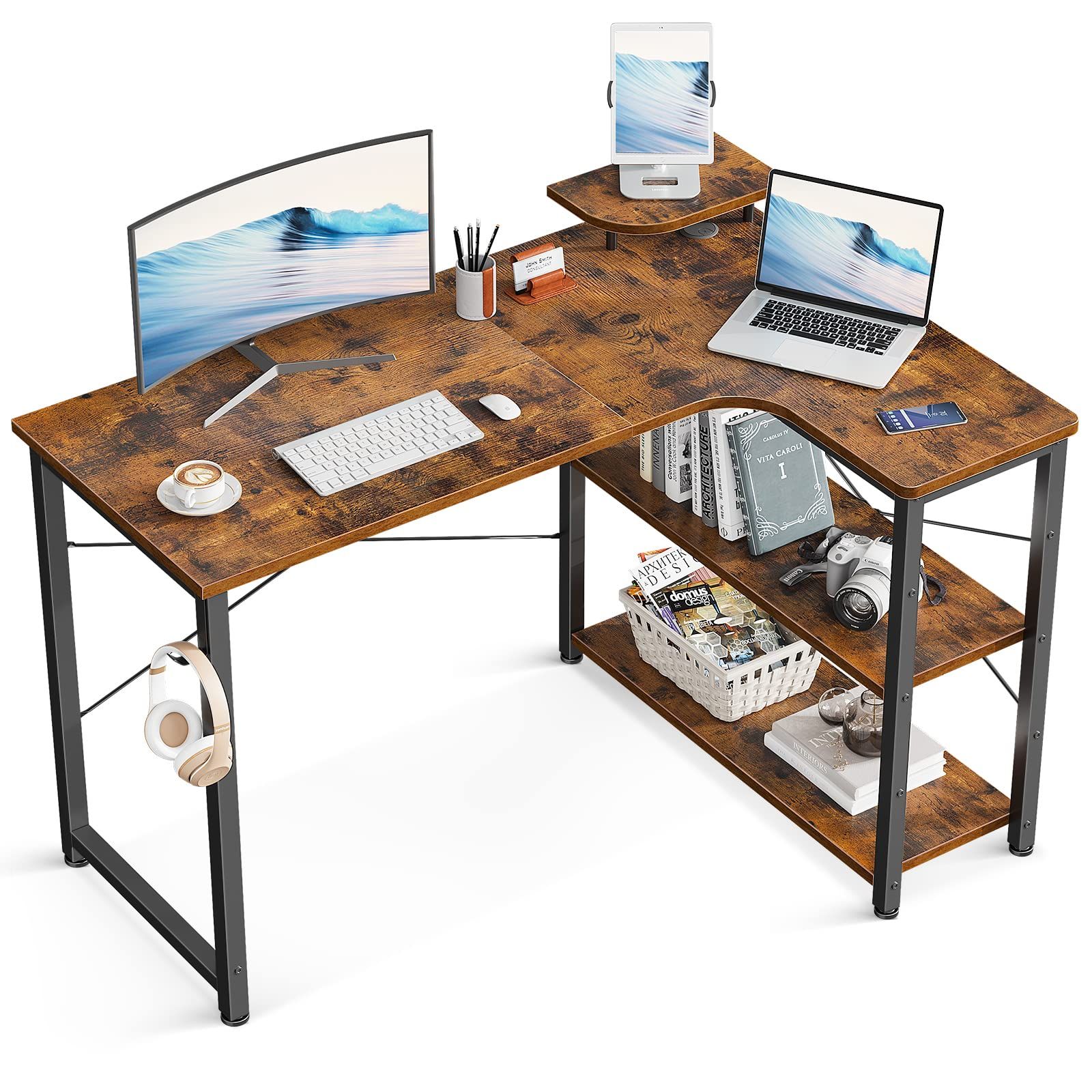 迅速発送 ODK ゲーミングデスク L字 パソコンデスク 幅110 デスク desk 机 pcデスク 棚付き オフィス ワーク 在宅勤務 子 勉強机 組立簡単 ビンテージ 右棚