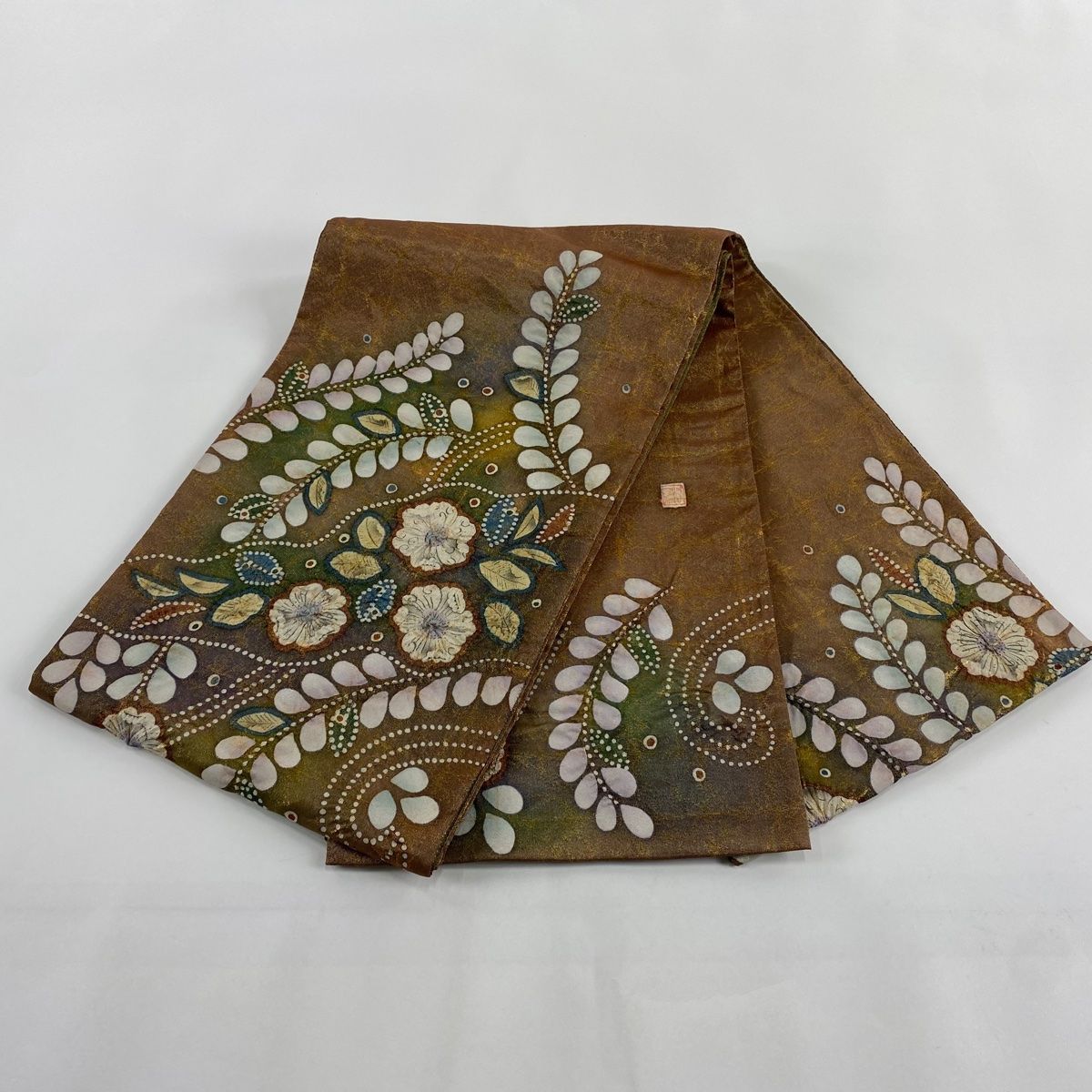 袋帯 美品 名品 落款 辻が花 金糸 箔 茶色 お太鼓柄 正絹 【中古