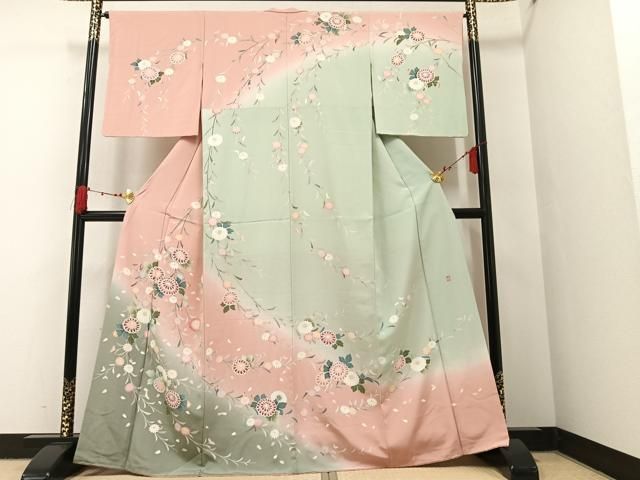 平和屋着物●訪問着　友禅　作家物　枝花文　暈し染め　正絹　逸品　AABD7080ph 平和屋着物○訪問着 友禅 作家物 枝花文 暈し染め 正絹 逸品