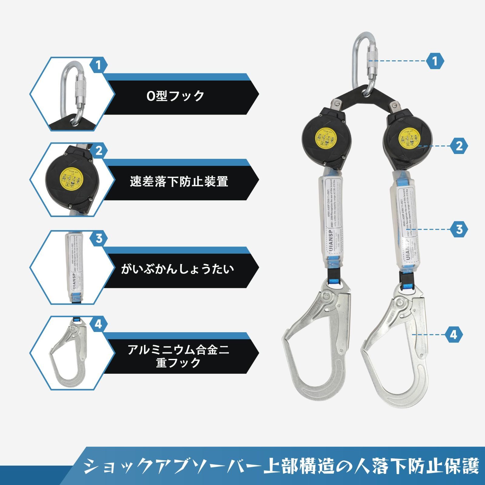 フルハーネス安全帯新仕様安全帯新規格落下防止装置ワイヤーハーネス安全帯新規格群伸縮式ダブルランヤードショックアブソーバー落下防止全身保護キット